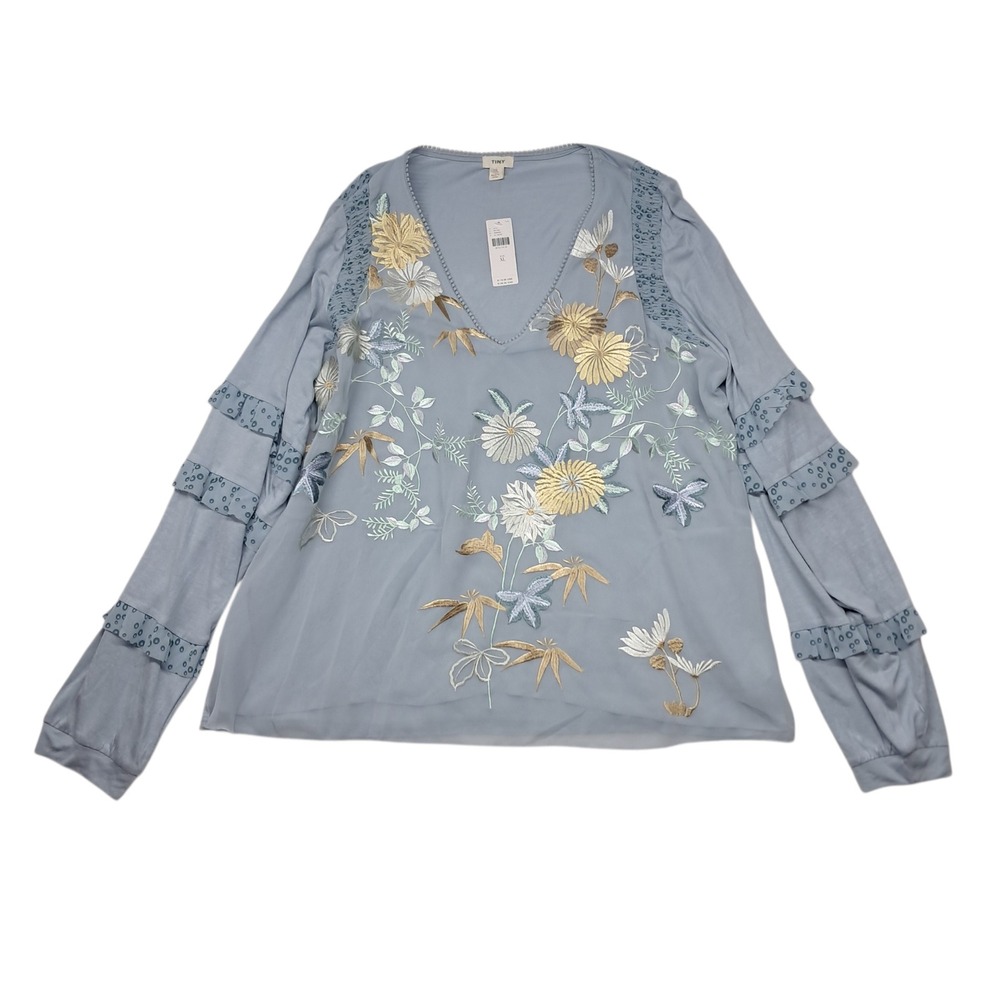 NWT Anthropologie Tiny Frances Top Womens XL Blue Floral Embroidered Ruffle Boho